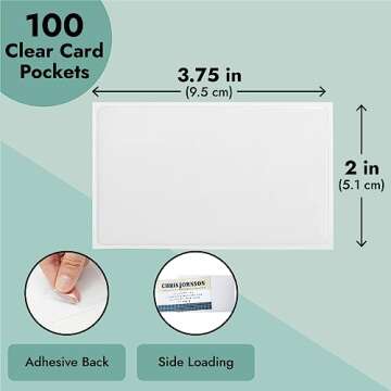 Juvale 100-Pack Clear Business Card Pockets Holders 3.75x2 In, Self-Adhesive Side Load Plastic Protector, Sleeves Labels, Bulk Set for Storage, Organization, Labeling Bins, Folders, and Files