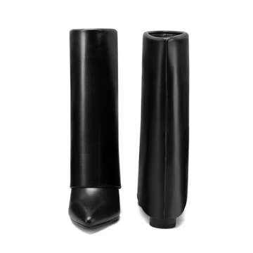 Vaslemuse Women's Mid-Calf Boots Fold Over Chunky Heel Pointed Toe Slouch Riding Boots Black Size 6.5