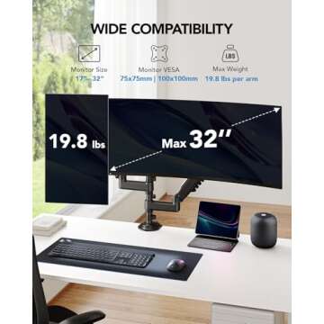 HUANUO 17-32 Inch Dual Monitor Stand, Gas Spring Dual Monitor Mount, Monitor Stand 2 Monitors, Ergon...