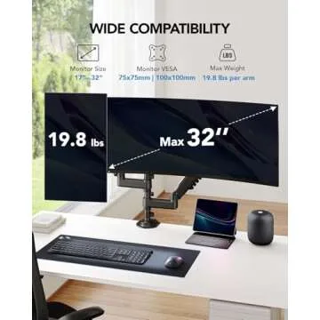 HUANUO 17-32 Inch Dual Monitor Stand, Gas Spring Dual Monitor Mount, Monitor Stand 2 Monitors, Ergon...