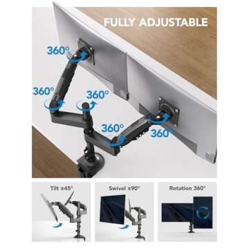 HUANUO 17-32 Inch Dual Monitor Stand, Gas Spring Dual Monitor Mount, Monitor Stand 2 Monitors, Ergonomic Adjustable Tilt/Swivel/Rotate, Weight Max 19.8 lbs, VESA 75/100mm