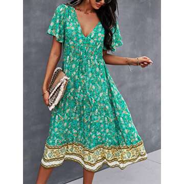 TEMOFON Summer Dresses for Women 2024 Boho Maxi Beach Dress Summer Floral Short Sleeve V Neck Bohema...