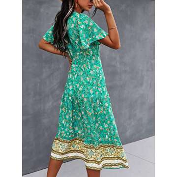 TEMOFON Summer Dresses for Women 2024 Boho Maxi Beach Dress Summer Floral Short Sleeve V Neck Bohemain Flowy Loose Casual Sun Dresses Cute Spring Trendy Vacation Dress Green