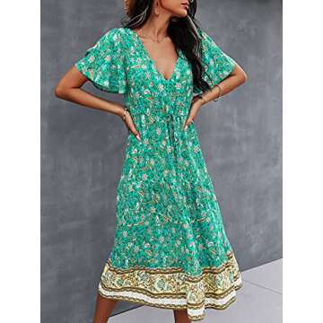 TEMOFON Summer Dresses for Women 2024 Boho Maxi Beach Dress Summer Floral Short Sleeve V Neck Bohemain Flowy Loose Casual Sun Dresses Cute Spring Trendy Vacation Dress Green