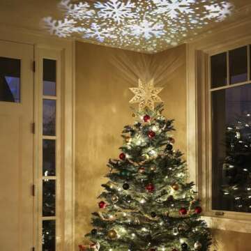 PHITRIC Christmas Tree Topper, 8" Gold Christmas Tree Star with Projector Lights, 8-Pointed Lighted Star Tree Topper, White Snowflake Projection Tree Toppers Christmas Decorations for Xmas Tree