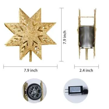 PHITRIC 8" Gold Christmas Tree Topper with Projector Lights