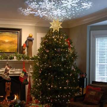 PHITRIC Christmas Tree Topper, 8" Gold Christmas Tree Star with Projector Lights, 8-Pointed Lighted Star Tree Topper, White Snowflake Projection Tree Toppers Christmas Decorations for Xmas Tree
