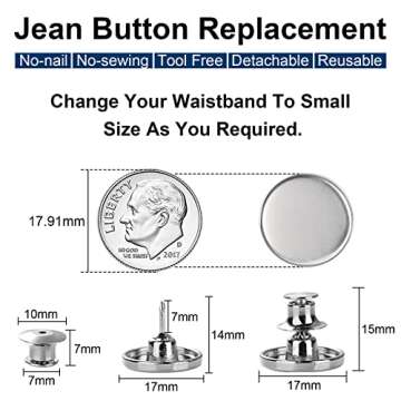 TOOVREN 8 Sets Jean Buttons for Loose Jeans, No Sew No Tool Instant Replacement Button Pins Adjustable Pant Waist Tightener to Make Smaller, Reusable Extra Pants Clips to Tighten Waist, Silver