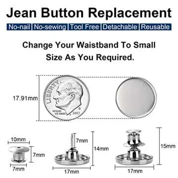 TOOVREN 8 Sets Jean Buttons for Loose Jeans, No Sew No Tool Instant Replacement Button Pins Adjustable Pant Waist Tightener to Make Smaller, Reusable Extra Pants Clips to Tighten Waist, Silver
