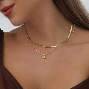 Kyerlyn Gold Necklace, Dainty Gold Layered Gold Plated Diamond Necklaces Simple CZ Solitaire Pendant Necklace Cute Gold Cubic Zirconia Chain Choker for Women Trendy Gold Jewelry Gift