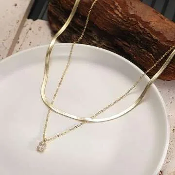 Kyerlyn Gold Necklace, Dainty Gold Layered Gold Plated Diamond Necklaces Simple CZ Solitaire Pendant Necklace Cute Gold Cubic Zirconia Chain Choker for Women Trendy Gold Jewelry Gift
