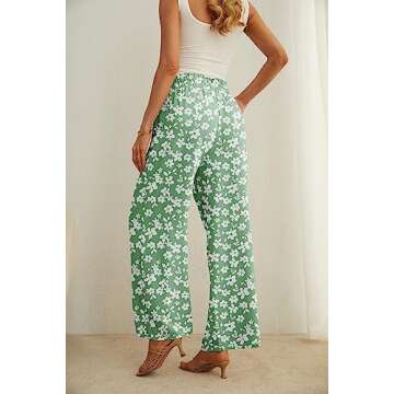 IWOLLENCE Women's Wide Leg Pants with Pockets High Waist Adjustable Knot Business Casual Clothes for Women Green White Flower Large