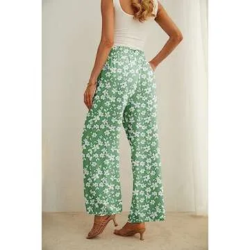 IWOLLENCE Women's Wide Leg Pants with Pockets High Waist Adjustable Knot Business Casual Clothes for Women Green White Flower Large