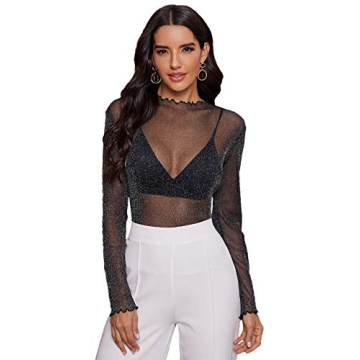 Floerns Women's Long Sleeve Slim Fit Sheer Mesh Top