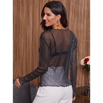 Floerns Women's Long Sleeve Slim Fit Sheer Mesh Top