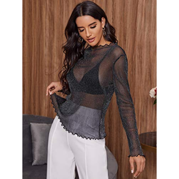 Floerns Women's Long Sleeve Slim Fit Sheer Mesh Top