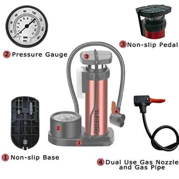 Bicycle Pump Bike Foot Pump with Pressure Gauge 120PSI, Mini Bike Pump Aluminum Alloy Floor Bicycle ...