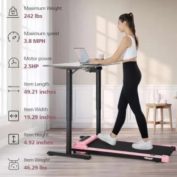 Smart Walking Pad Under Desk Treadmill 2.5 HP with App/Remote Control, Desk Treadmill for Office Under Desk, Portable Walking Treadmills Electric Quiet for Home/Apartment/Flat with LED Display,Pink