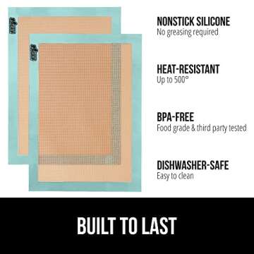 GORILLA GRIP Reusable Nonstick Silicone Baking Mat, 2 Pack, BPA-Free Oven Safe Food Liner, For Cooki...