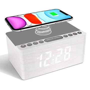 ANJANK Wooden Digital Alarm Clock FM Radio,10W Fast Wireless Charger Station for iPhone/Samsung Gala...
