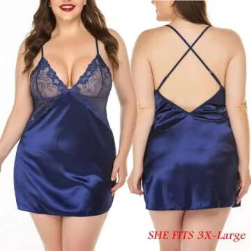 Avidlove Women Lingerie Satin Lace Chemise V Neck Nightgown Full Slips Sleepwear Navy Blue XS