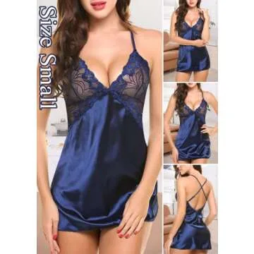 Avidlove Women Lingerie Satin Lace Chemise V Neck Nightgown Full Slips Sleepwear Navy Blue XS