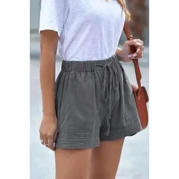 FEKOAFE Womens Casual Solid Drawstring Comfy Beach Shorts Elastic Waist Pocketed Shorts DGray XL