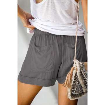 FEKOAFE Womens Casual Solid Drawstring Comfy Beach Shorts Elastic Waist Pocketed Shorts DGray XL