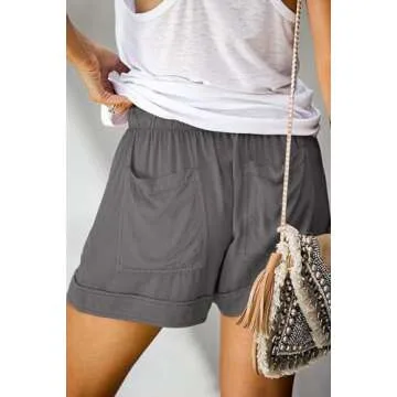 FEKOAFE Womens Casual Solid Drawstring Comfy Beach Shorts Elastic Waist Pocketed Shorts DGray XL