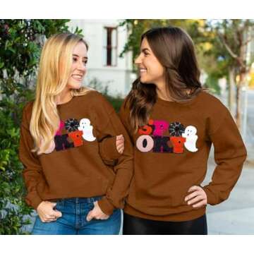 MOUSYA Halloween Spooky Sweatshirts Spooky Patch Pullover Halloween Sweatshirt for Women Fall Chenil...