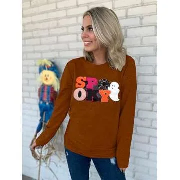 MOUSYA Halloween Spooky Sweatshirts Spooky Patch Pullover Halloween Sweatshirt for Women Fall Chenille Pullover Top Brown