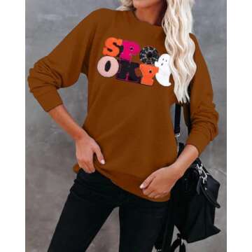 MOUSYA Halloween Spooky Sweatshirts Spooky Patch Pullover Halloween Sweatshirt for Women Fall Chenille Pullover Top Brown