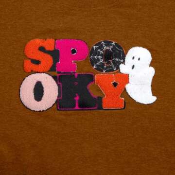 MOUSYA Halloween Spooky Sweatshirts Spooky Patch Pullover Halloween Sweatshirt for Women Fall Chenille Pullover Top Brown