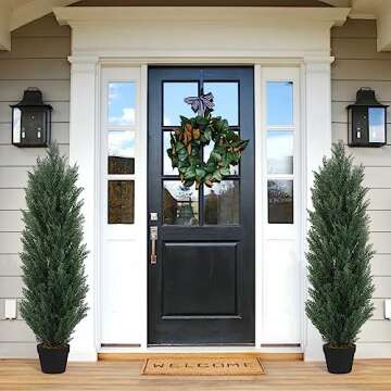 THE BLOOM TIMES 2 Pack 4ft Topiary Trees Artificial Outdoor Cedar Pine 4 Foot Fake Outdoor Plants Potted UV Rated Faux Bushes and Shrubs for Front Porch Patio Outdoor Decor Set of 2
