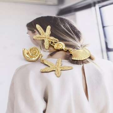 LOK68 Gold Seashell Starfish Statement Earrings for Women,Exquisite Sea Shell Conch Dangle Earrings Hypoallergenic,Adorable Starfish Shell Drop Earrings,Cute Cowrie Shell Earrings Studs