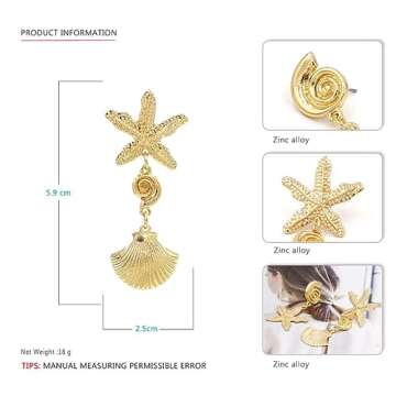 LOK68 Gold Seashell Starfish Statement Earrings for Women,Exquisite Sea Shell Conch Dangle Earrings Hypoallergenic,Adorable Starfish Shell Drop Earrings,Cute Cowrie Shell Earrings Studs