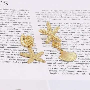 LOK68 Gold Seashell Starfish Statement Earrings for Women,Exquisite Sea Shell Conch Dangle Earrings Hypoallergenic,Adorable Starfish Shell Drop Earrings,Cute Cowrie Shell Earrings Studs
