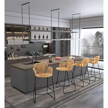 Bar Stools Set of 2 Counter Height Nordic Bar Stools Simple Style Restaurant Cafe Back High Back Stools Iron Rattan Wicker High Back Chair,Black Metal Legs Boho Bar Stools (Height 65cm(25.6inch))