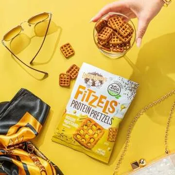 Lenny & Larry's Boujie Mustard FITZELS- Savory Pretzel Snacks Incredibly Tasty, High Protein, Salty, Vegan, Kosher 20 g's of Plant Based Protein 8 (eight) Bags, 3 oz Each