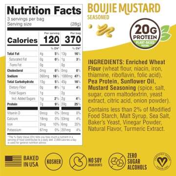Lenny & Larry's Boujie Mustard FITZELS- Savory Pretzel Snacks Incredibly Tasty, High Protein, Salty, Vegan, Kosher 20 g's of Plant Based Protein 8 (eight) Bags, 3 oz Each