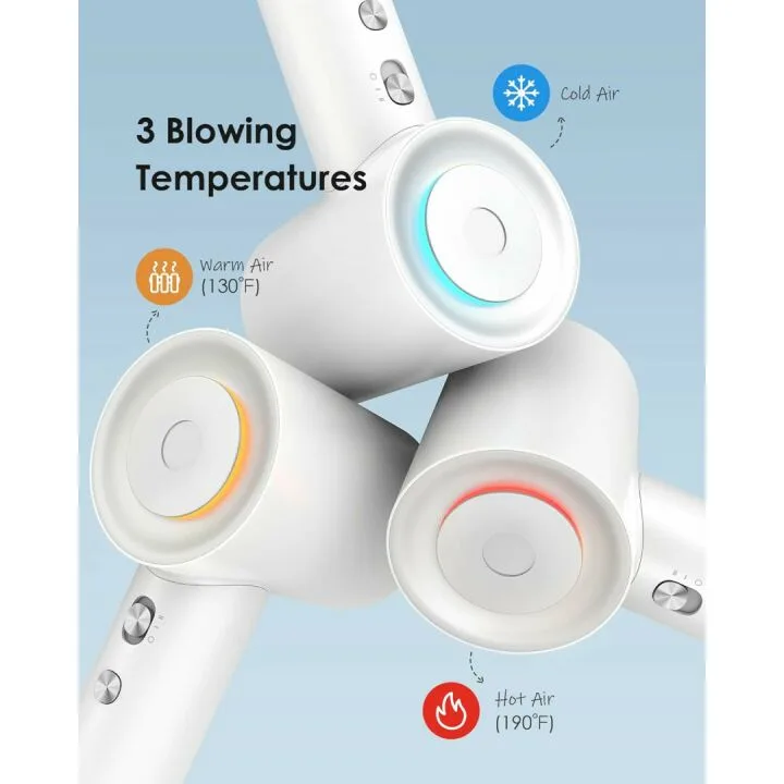 Hair Dryer, zhiyangfei Negative Ion Blow Dryer for Women Men, 110, 000 RPM Brushless Motor, 3 Heat Settings, 360° Rotating Magnetic Nozzle, High-Speed Low Noise Hair Dryer for Home and Travel (White)