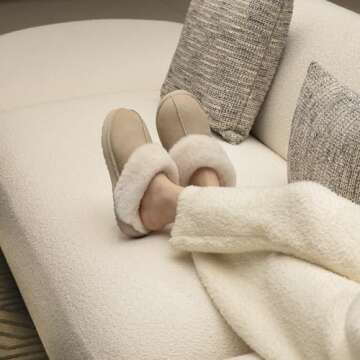 LazyStep Women's Madge Fuzzy Slippers with Comfort Memory Foam, Slip-on Warm Outdoor Indoor House Shoes(Parchment, Size 5-6)