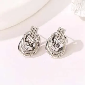 GAOKOXI Silver Statement Geometric Earrings for Women Chunky Gold Knot Link Drop Dangle Earrings Trendy Jewelry Gift