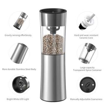 Electric Salt & Pepper Grinder Set - Eco-Friendly Rechargeable, Gravity-Sensing, Large Capacity, Durable Ceramic, Easy One-Hand Use with Soft LED