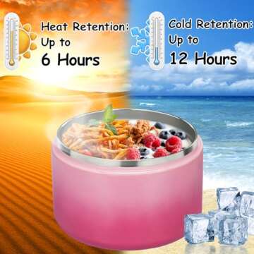 Pawtong 12oz Insulated Vacuum Food Jar with Buckle Lid Wide Mouth Soup Thermo for Hot Food Kids Leakproof Stainless Steel Lunch Container (Gradient Pink, 12OZ)