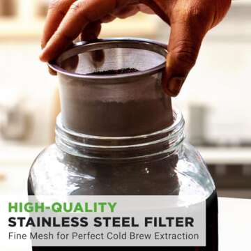 NutriChef 1-Gallon Cold Brew Coffee Maker - Wide-Mouth Glass Mason Jar Style w/Stainless Steel Spigot Tap & Reusable Mesh Filter - Leak Resistant, Drip-Free, & Easy to Clean