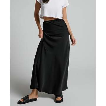 Amy Babe Women's Satin Silky High Waist Maxi Skirt Elegant Elastic Waistband A Line Long Skirts (Black, Large)