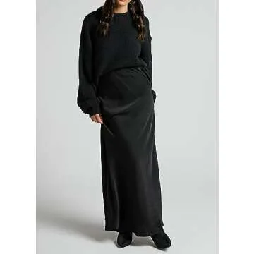 Amy Babe Women's Satin Silky High Waist Maxi Skirt Elegant Elastic Waistband A Line Long Skirts (Black, Large)