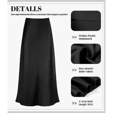 Amy Babe Women's Satin Silky High Waist Maxi Skirt Elegant Elastic Waistband A Line Long Skirts (Black, Large)