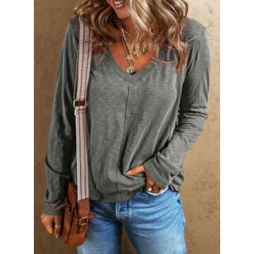 EVALESS Womens Casual V Neck Tops Spring Summer 2025 Long Sleeve Shirts Basic T Shirts Lightweight L...